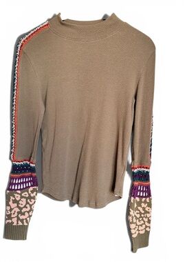 Free People Taupe Knit Top with Multicolor Printed & Embroidered Sleeves